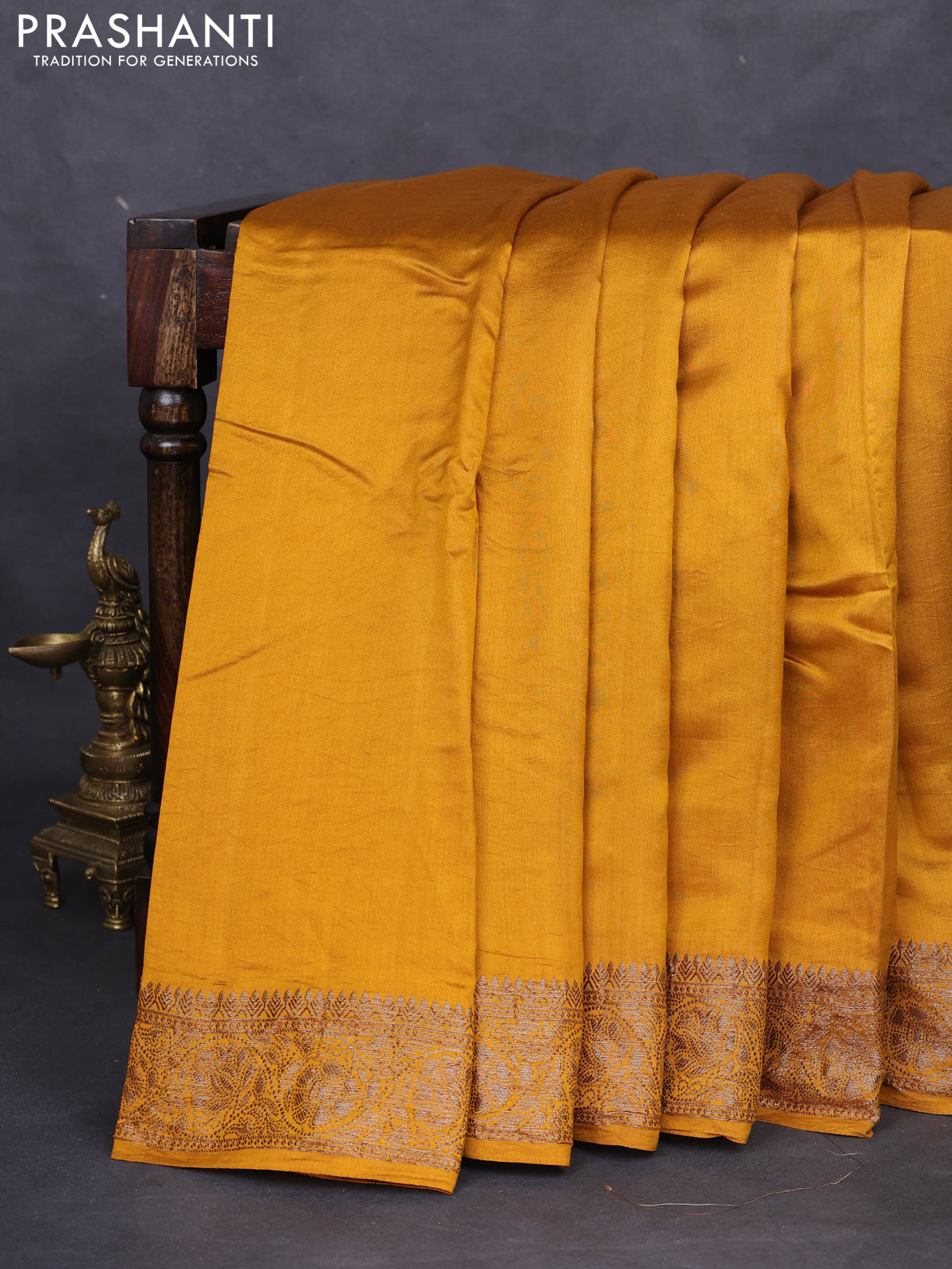 Chiniya silk saree mustard yellow with plain body and woven border