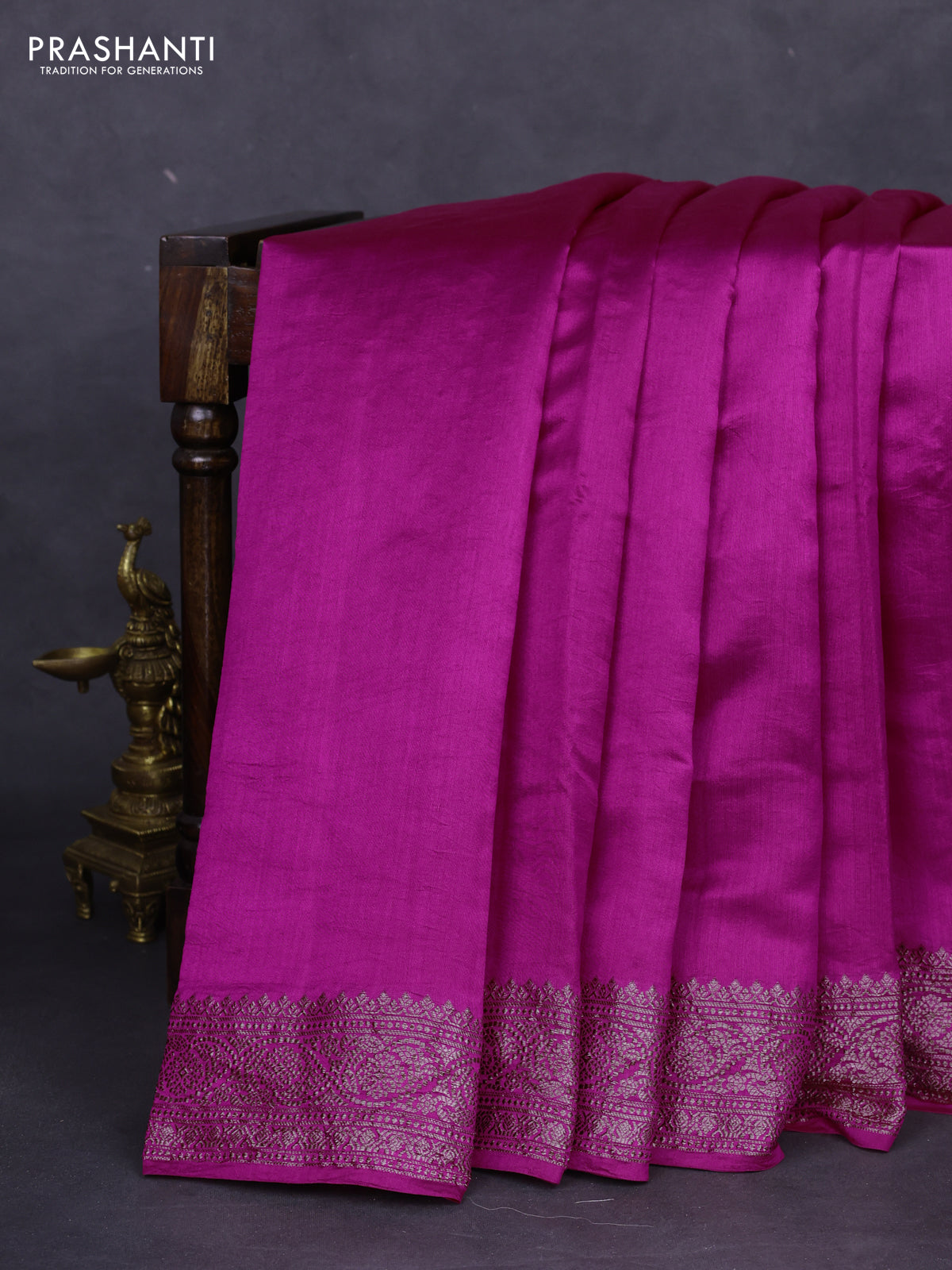 Chiniya silk saree magenta pink with plain body and woven border