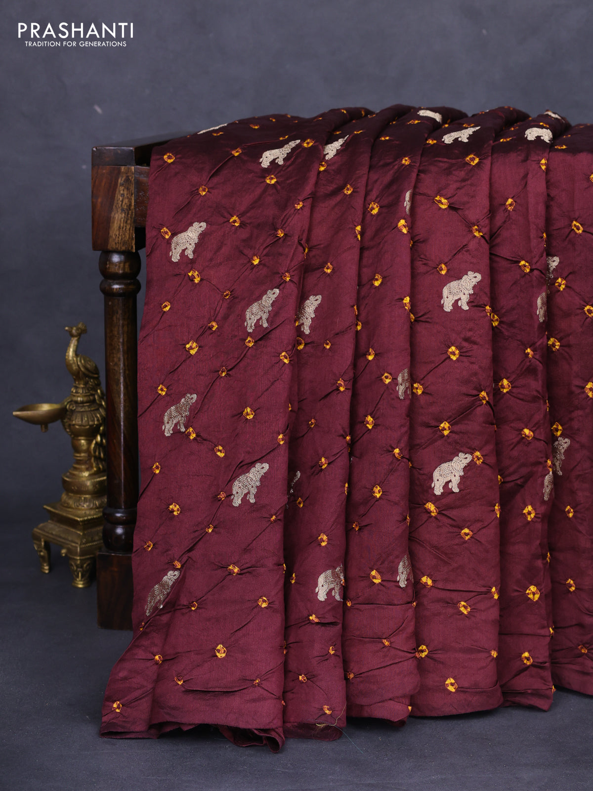 Chiniya silk saree deep maroon and mustard yellow with allover zari buttas & bandhini prints in borderless style