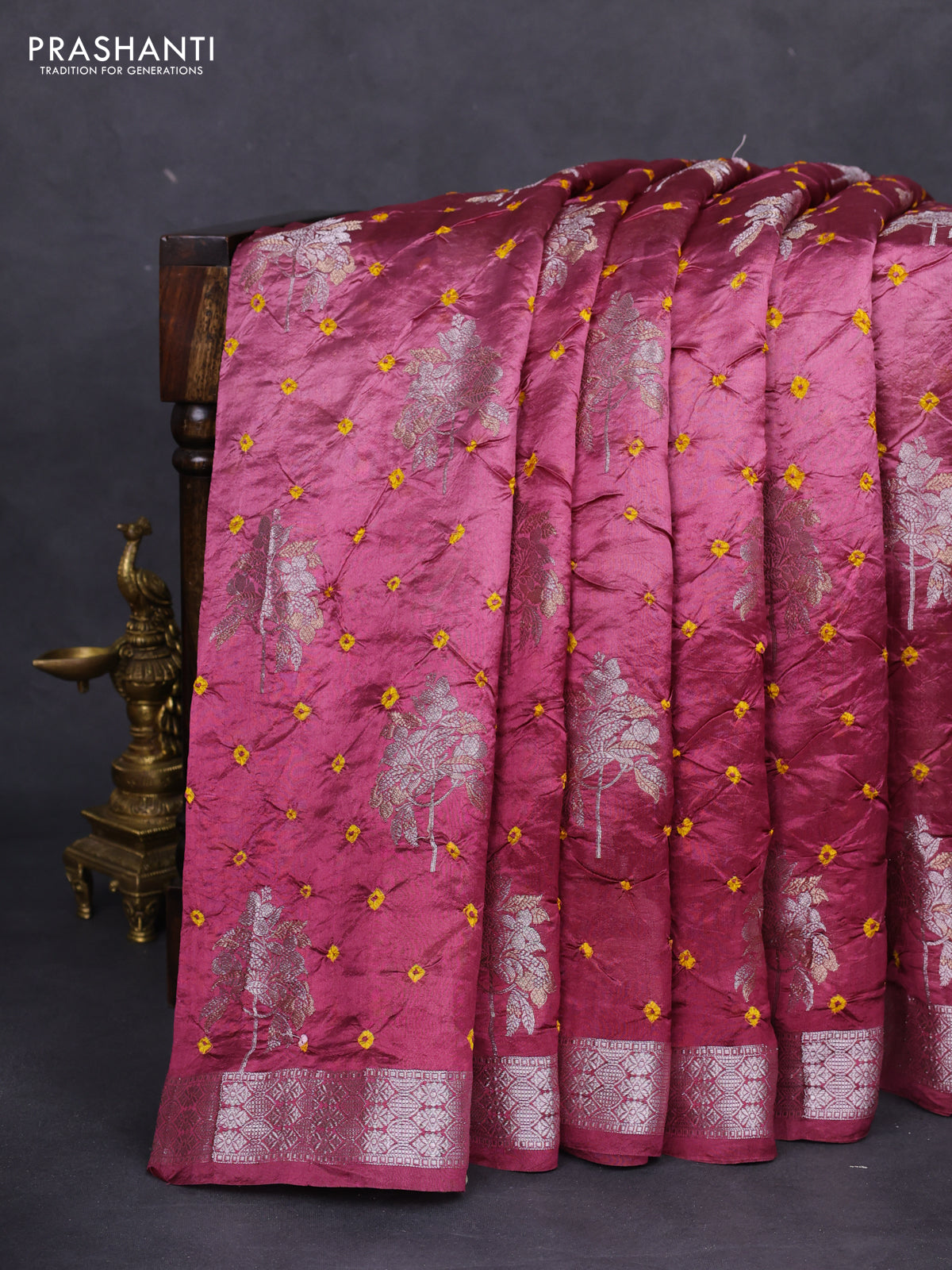 Chiniya silk saree mauve pink with allover silver zari buttas & bandhini prints and silver zari woven border