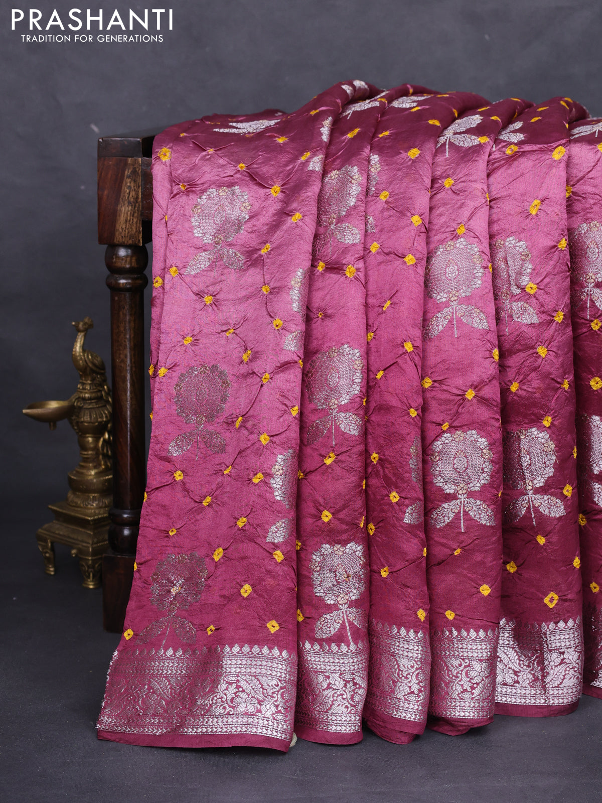 Chiniya silk saree wine shade with allover silver zari buttas & bandhini prints and silver zari woven border