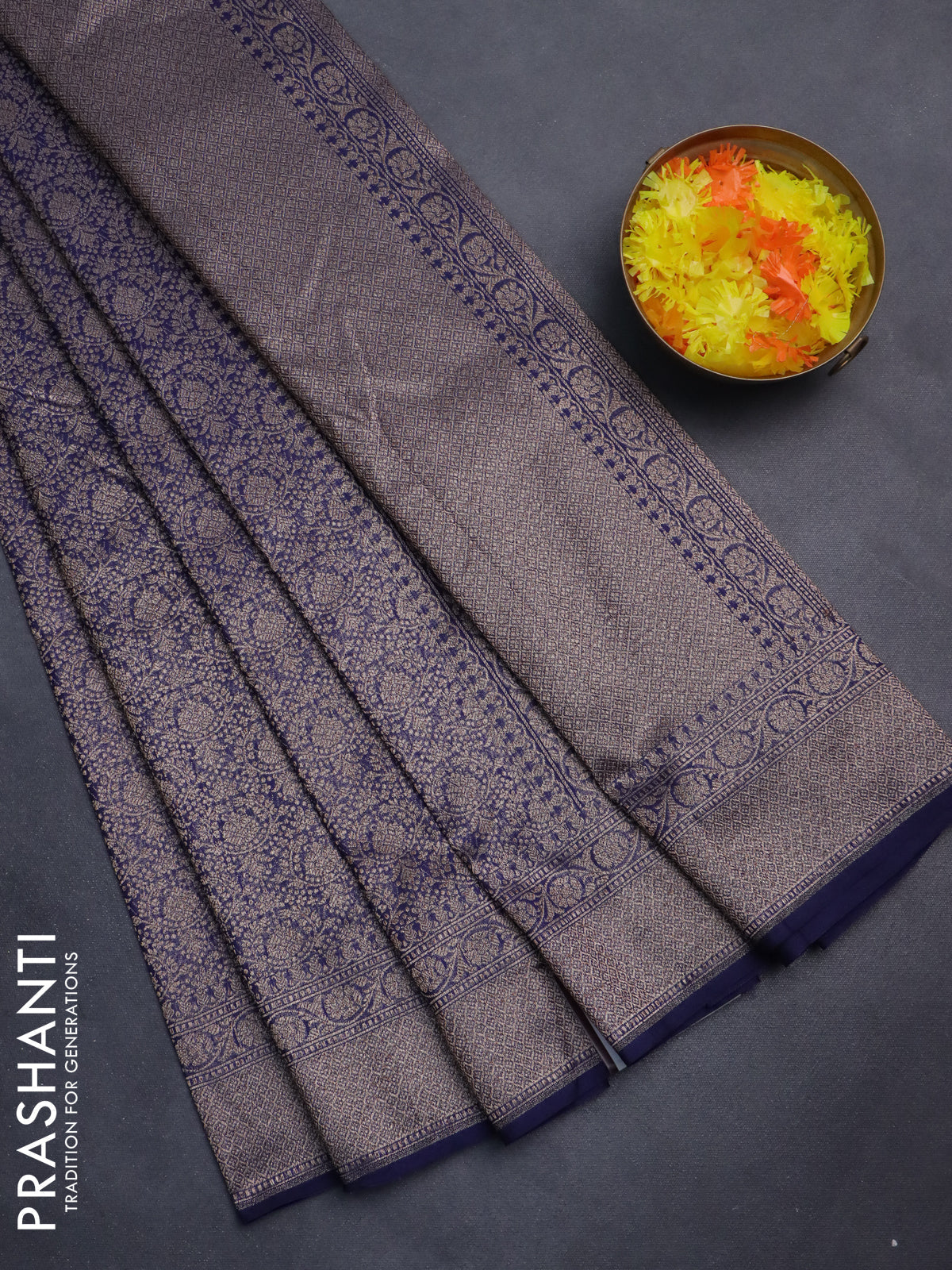 Banarasi semi silk saree navy blue with allover thread & zari weaves and woven border
