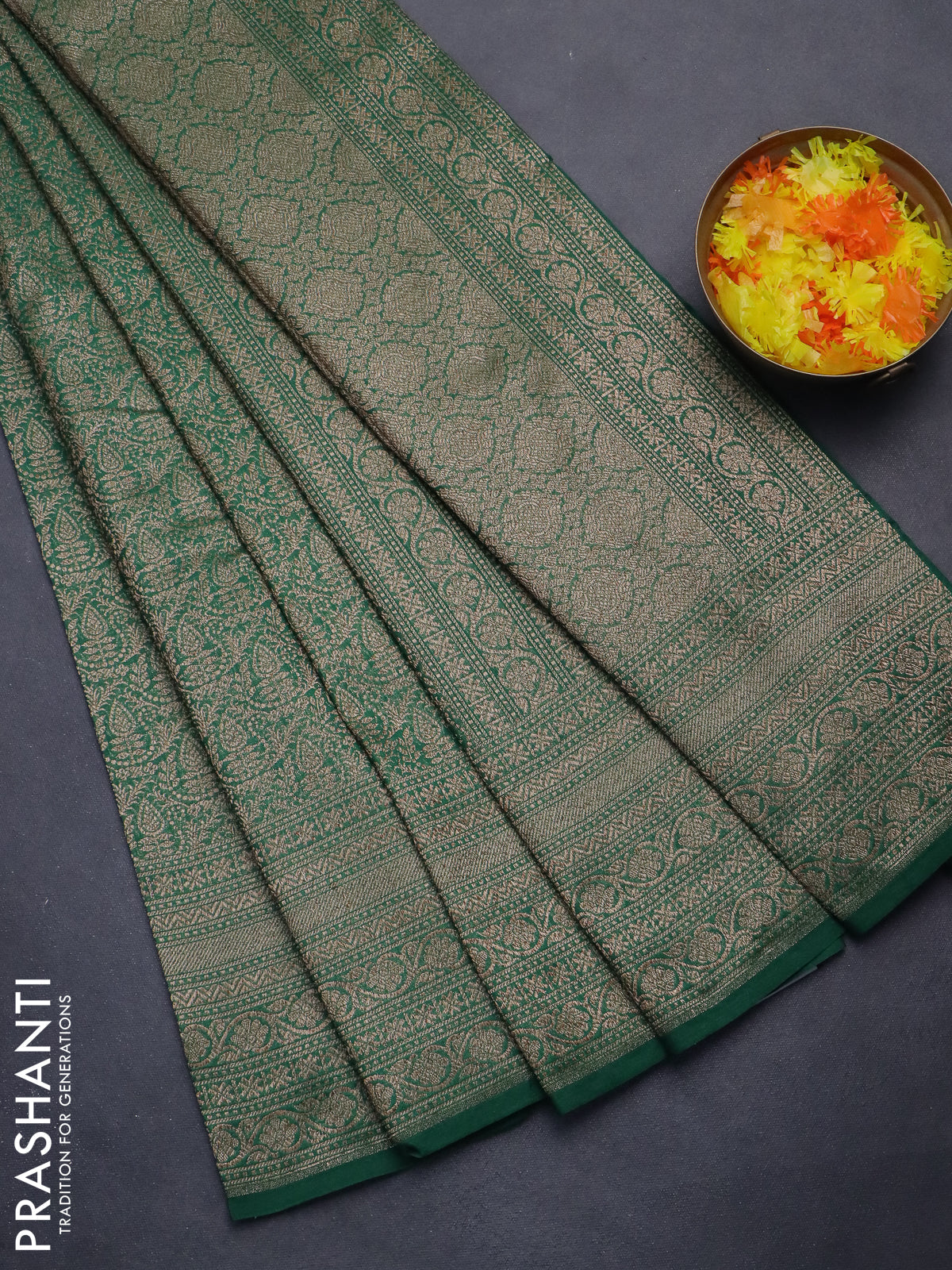 Banarasi semi silk saree green with allover thread & zari woven butta weaves and woven border