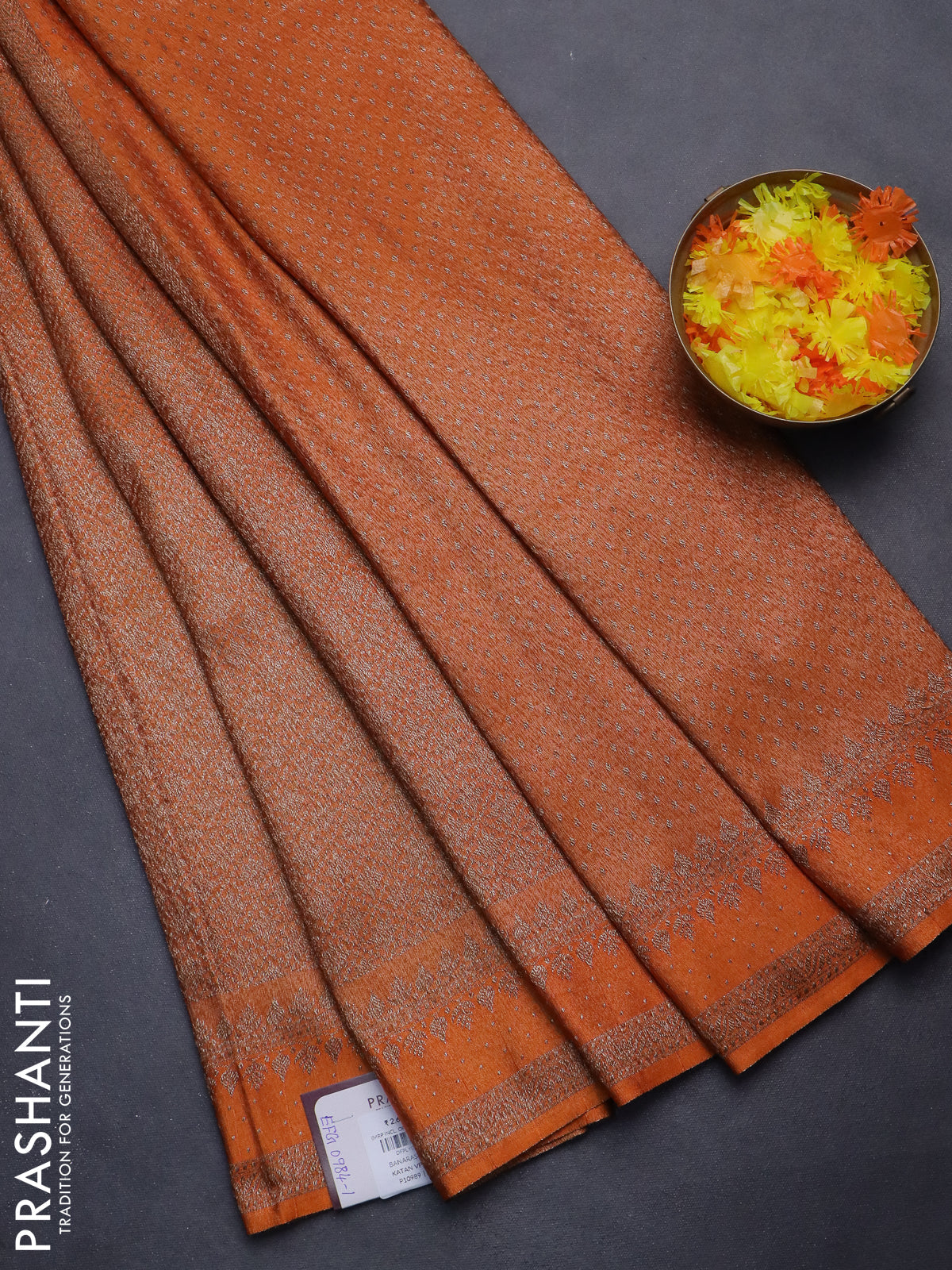 Banarasi semi silk saree orange with allover thread & zari weaves and woven border