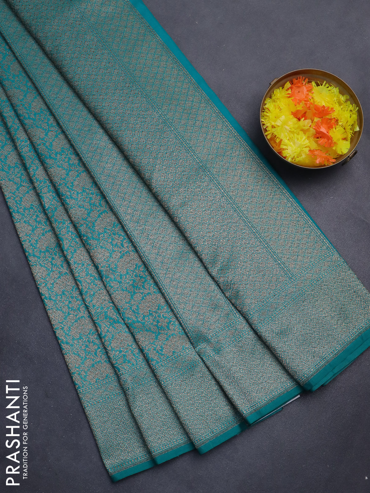 Banarasi semi silk saree teal green with allover thread & zari weaves and woven border