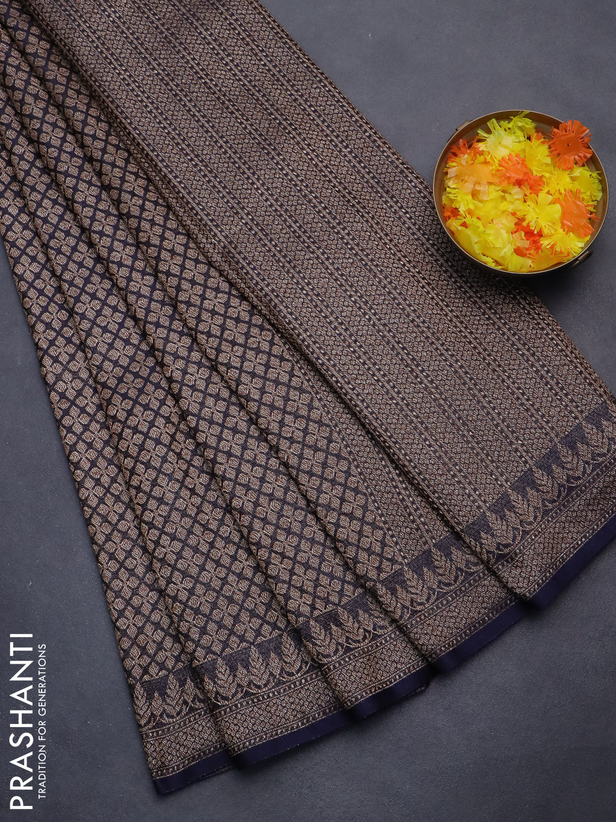 Banarasi semi silk saree navy blue with allover thread & zari weaves and woven border