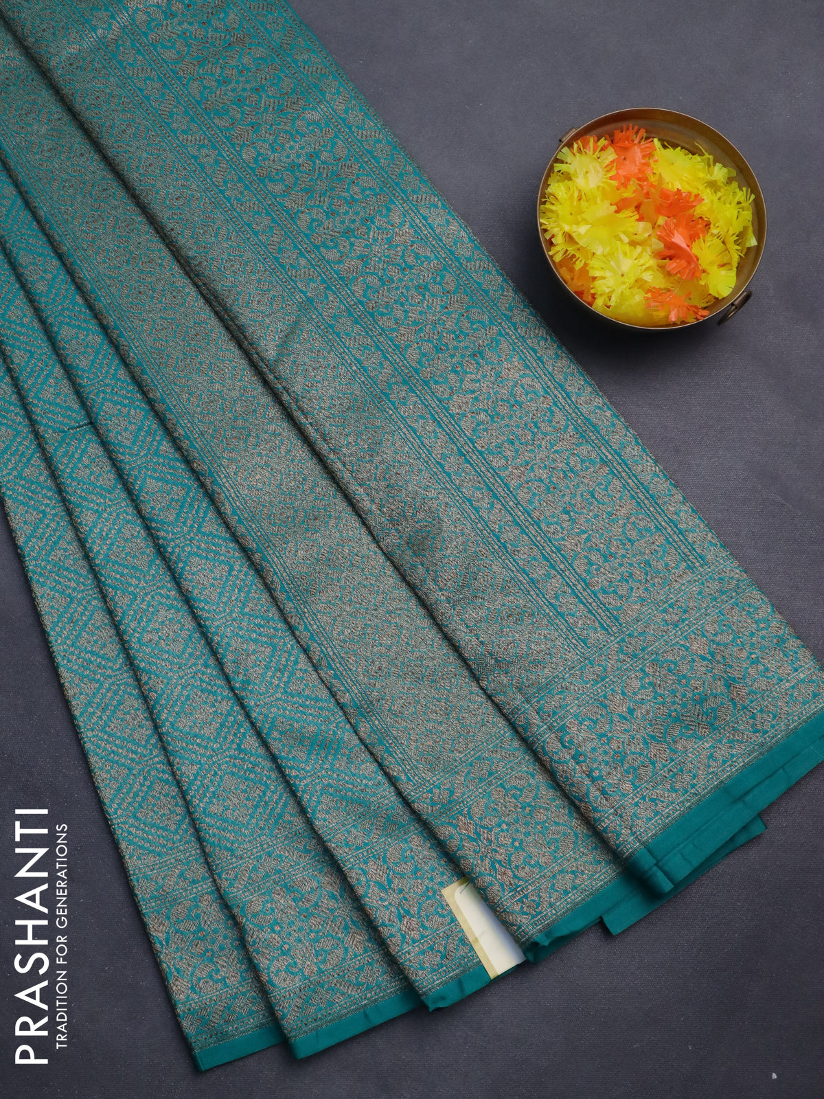 Banarasi semi silk saree teal green with allover thread & zari weaves and woven border
