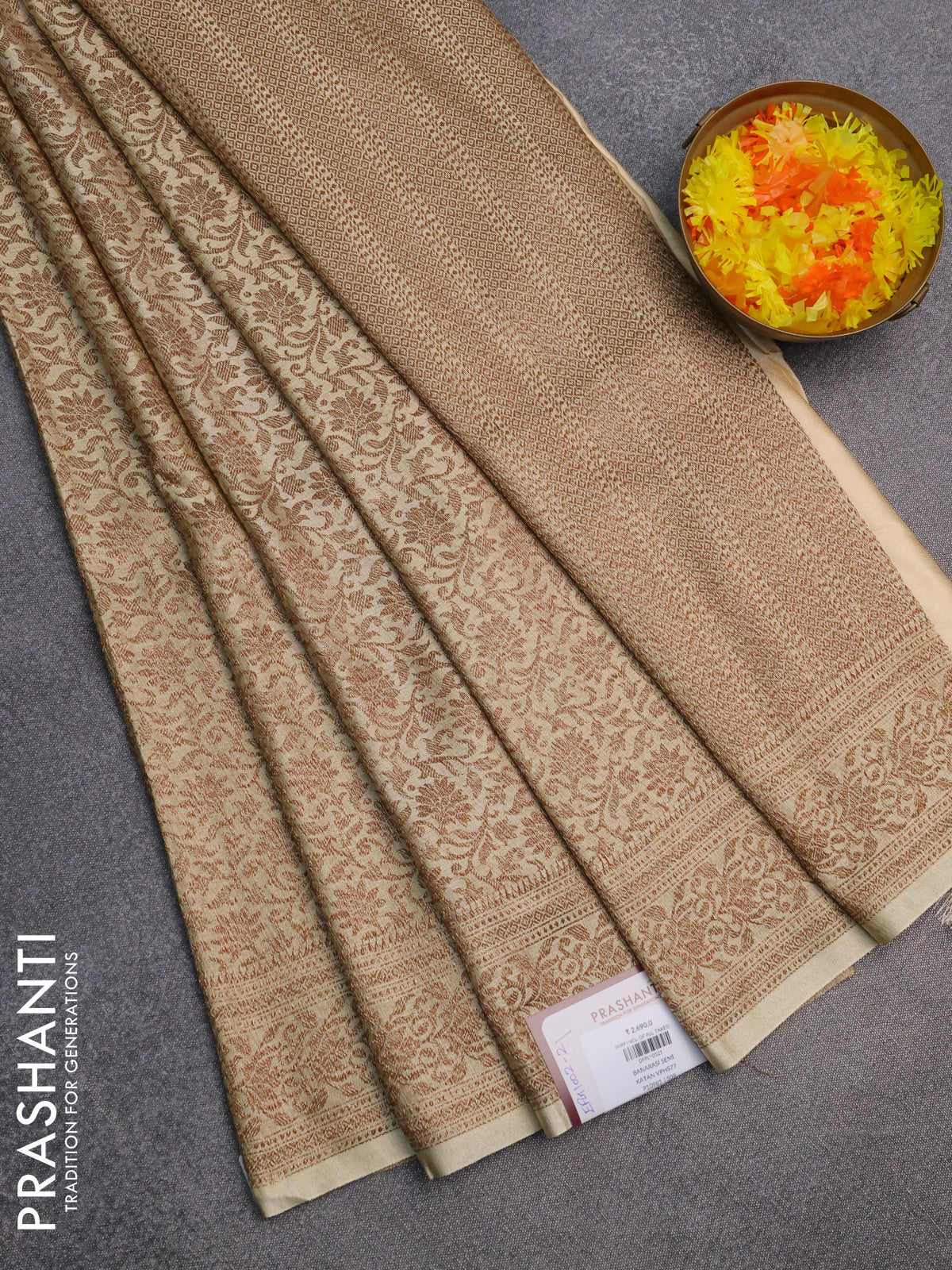 Banarasi semi silk saree cream with allover thread & zari woven butta weaves and woven border