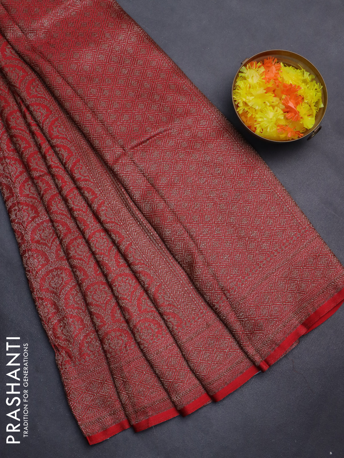 Banarasi semi silk saree red with allover thread & zari weaves and woven border
