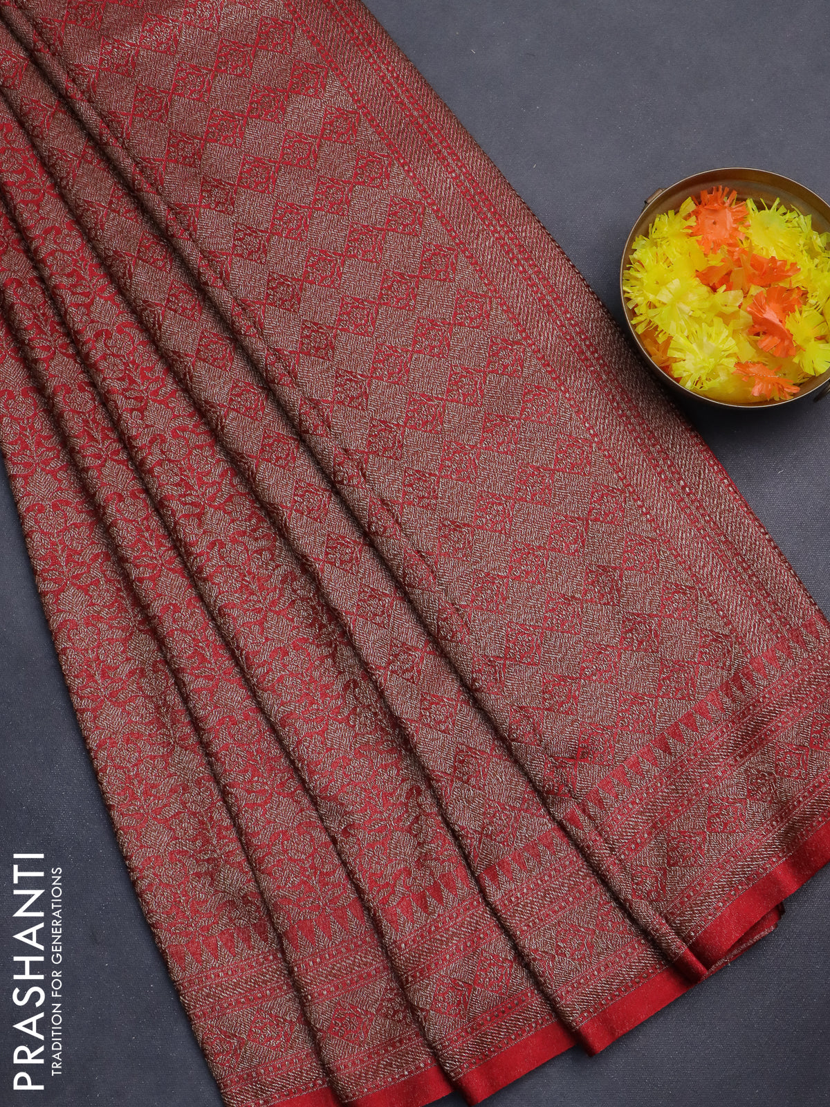 Banarasi semi silk saree red with allover thread & zari weaves and woven border