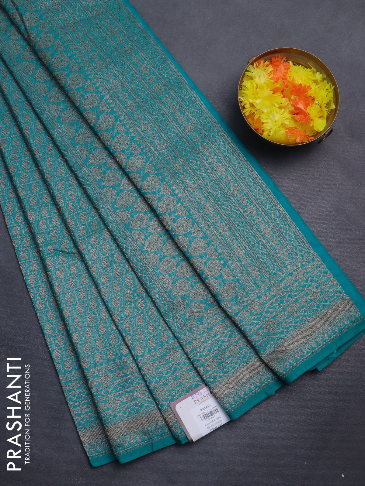 Banarasi semi silk saree teal blue with allover thread & zari weaves and woven border