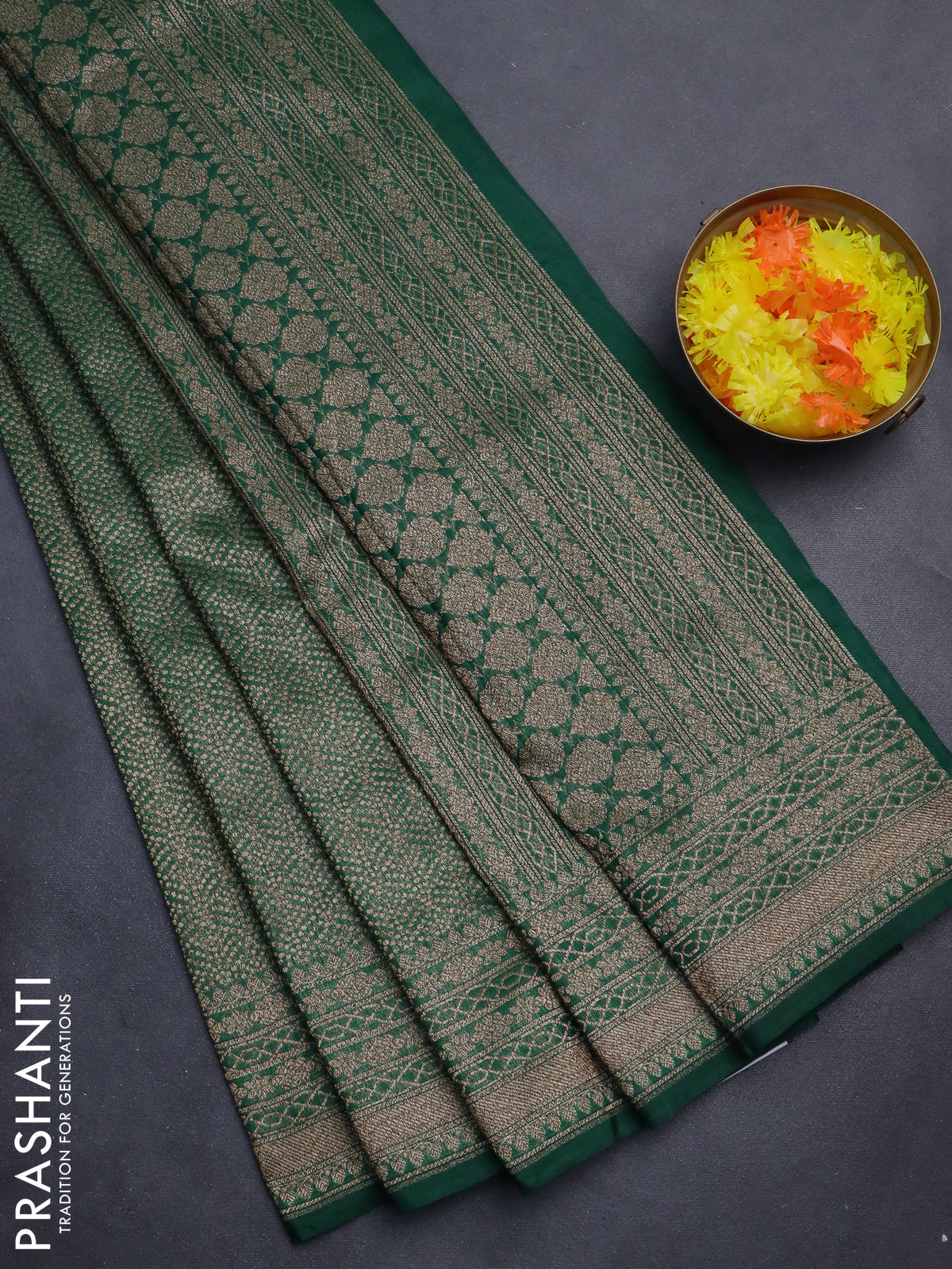 Banarasi semi silk saree green with allover thread & zari weaves and woven border