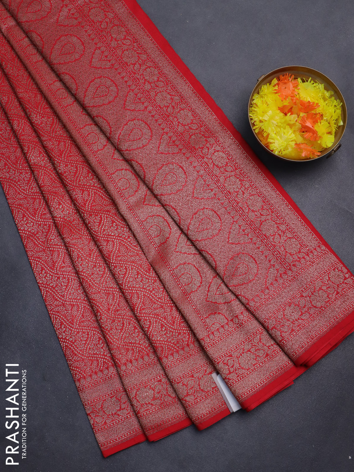 Banarasi semi silk saree red with allover thread & zari weaves and woven border