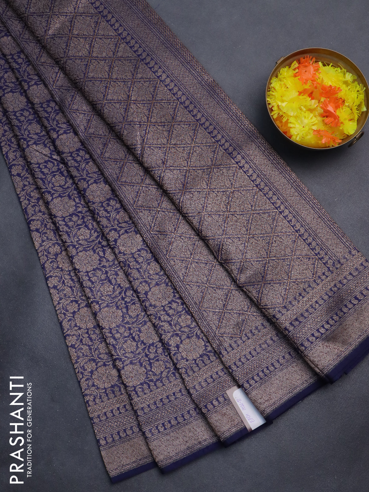 Banarasi semi silk saree navy blue with allover thread & zari weaves and woven border