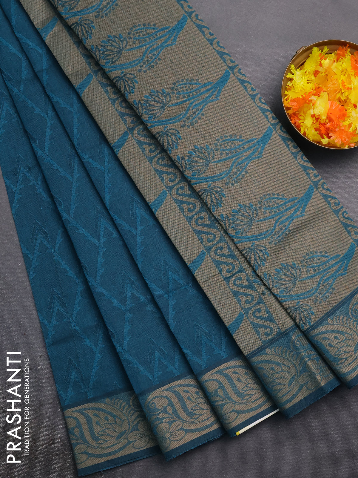 Coimbatore cotton saree peacock blue with allover self emboss and thread woven border