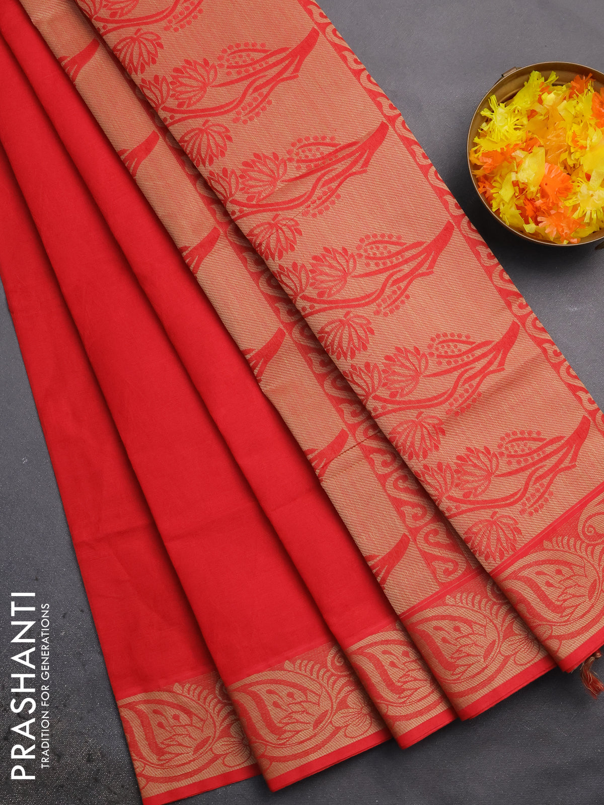 Coimbatore cotton saree red with allover self emboss and thread woven border