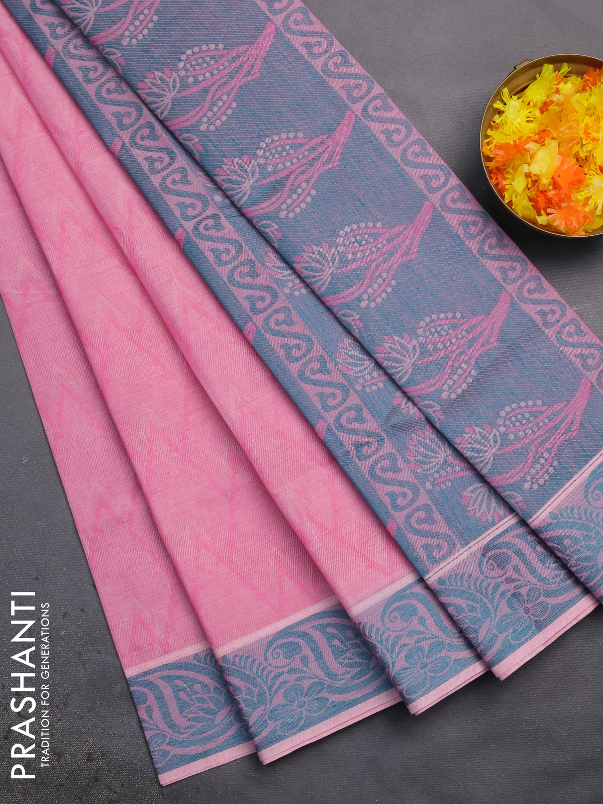 Coimbatore cotton saree light pink and teal green with allover self emboss and thread woven border