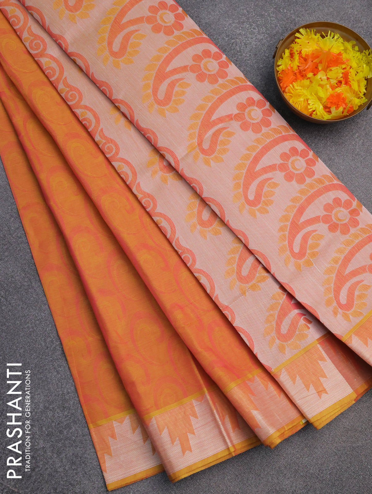 Coimbatore cotton saree dual shade of yellowish pink with allover self emboss and thread woven border