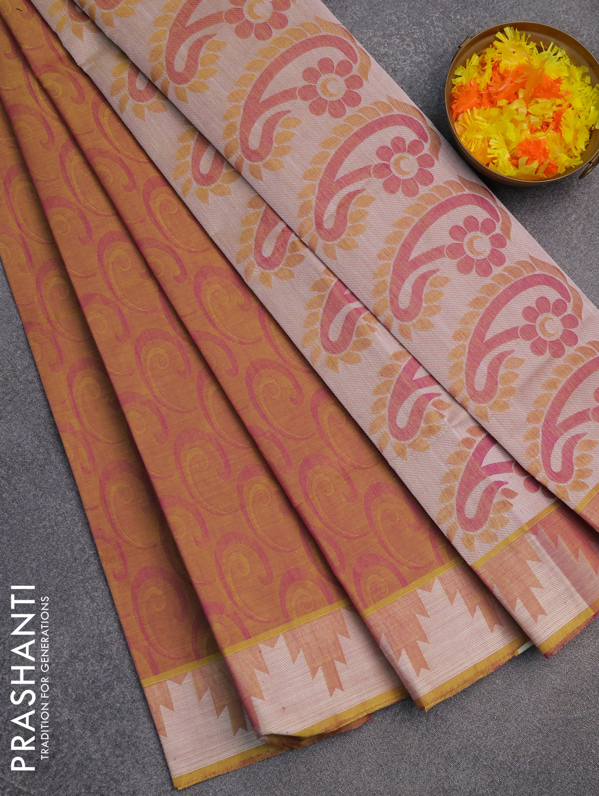 Coimbatore cotton saree dual shade of yellowish purple with allover self emboss and thread woven border