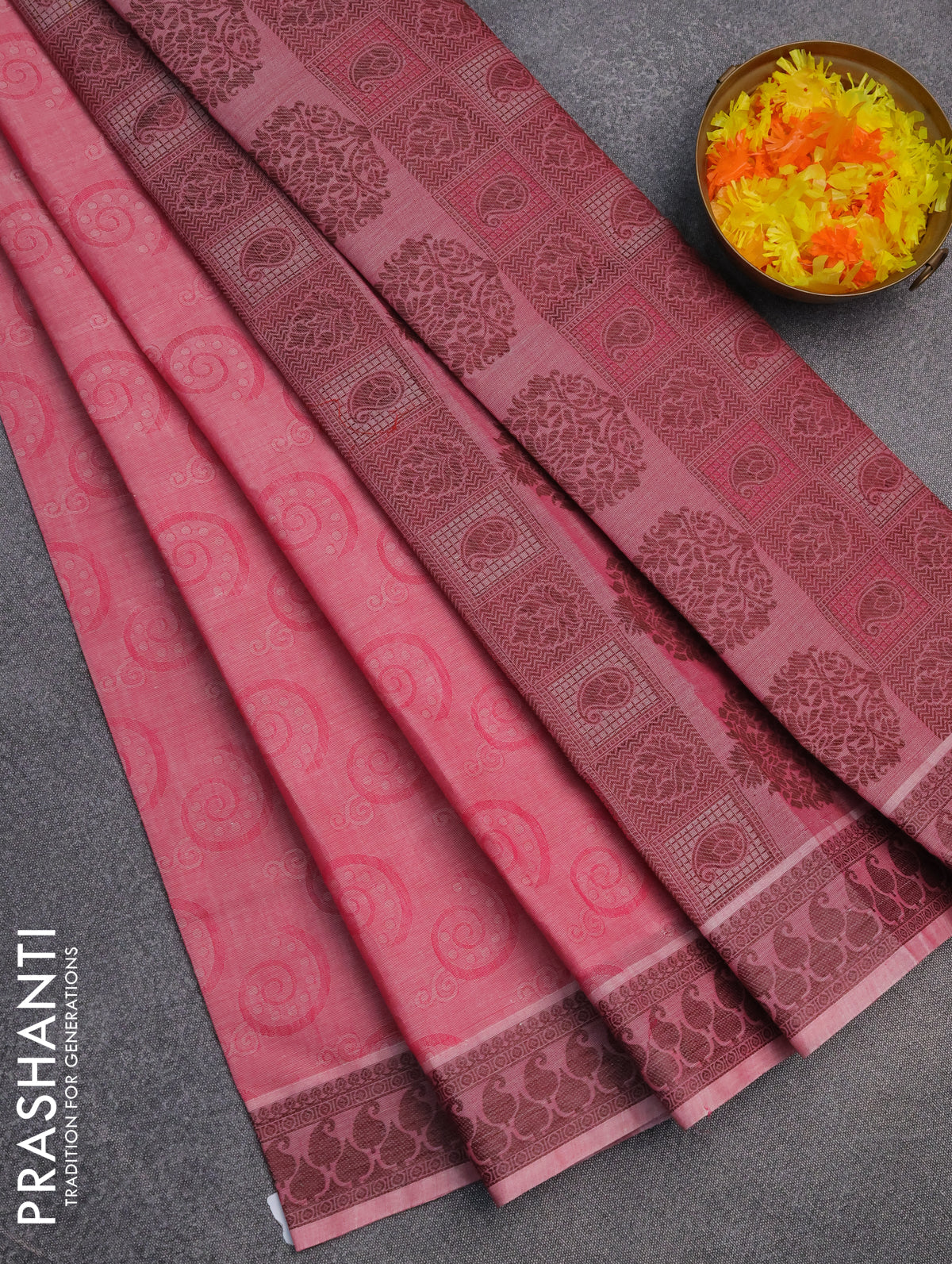 Coimbatore cotton saree pink and coffee brown with allover self emboss and thread woven border