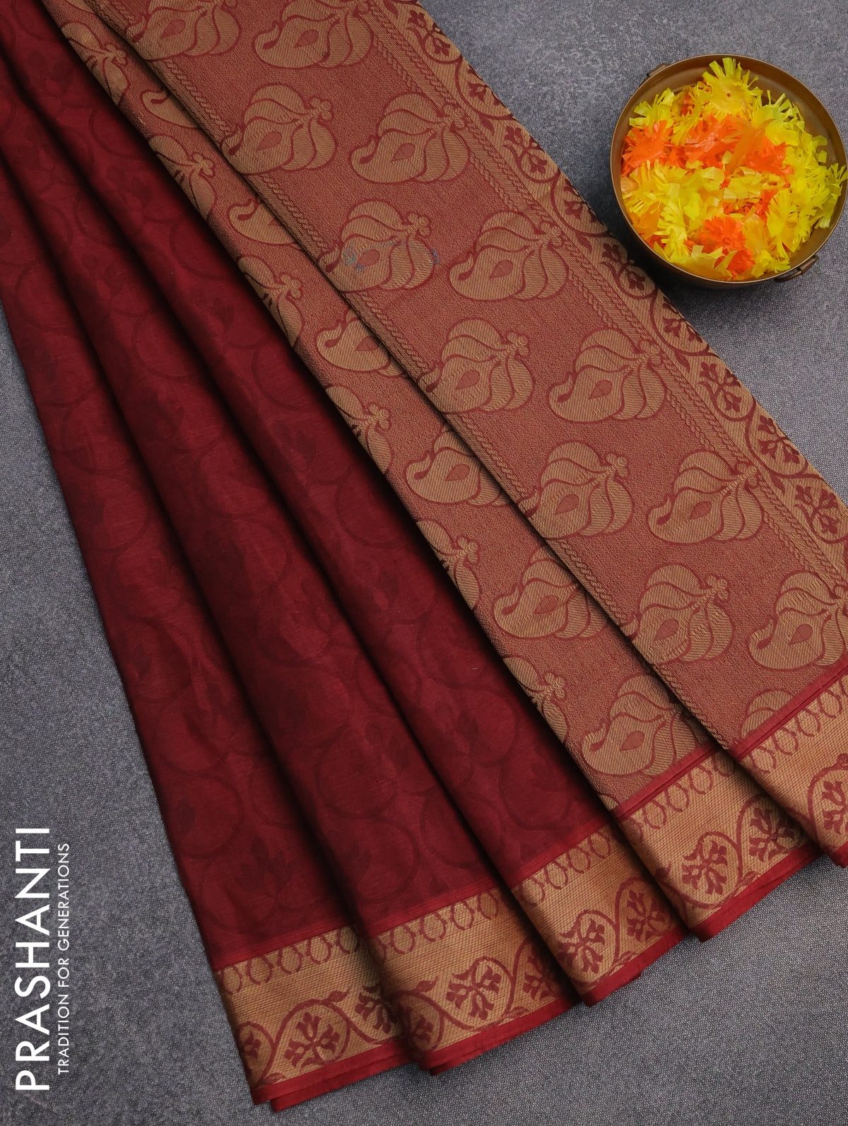 Coimbatore cotton saree deep maroon and sandal with allover self emboss and thread woven border