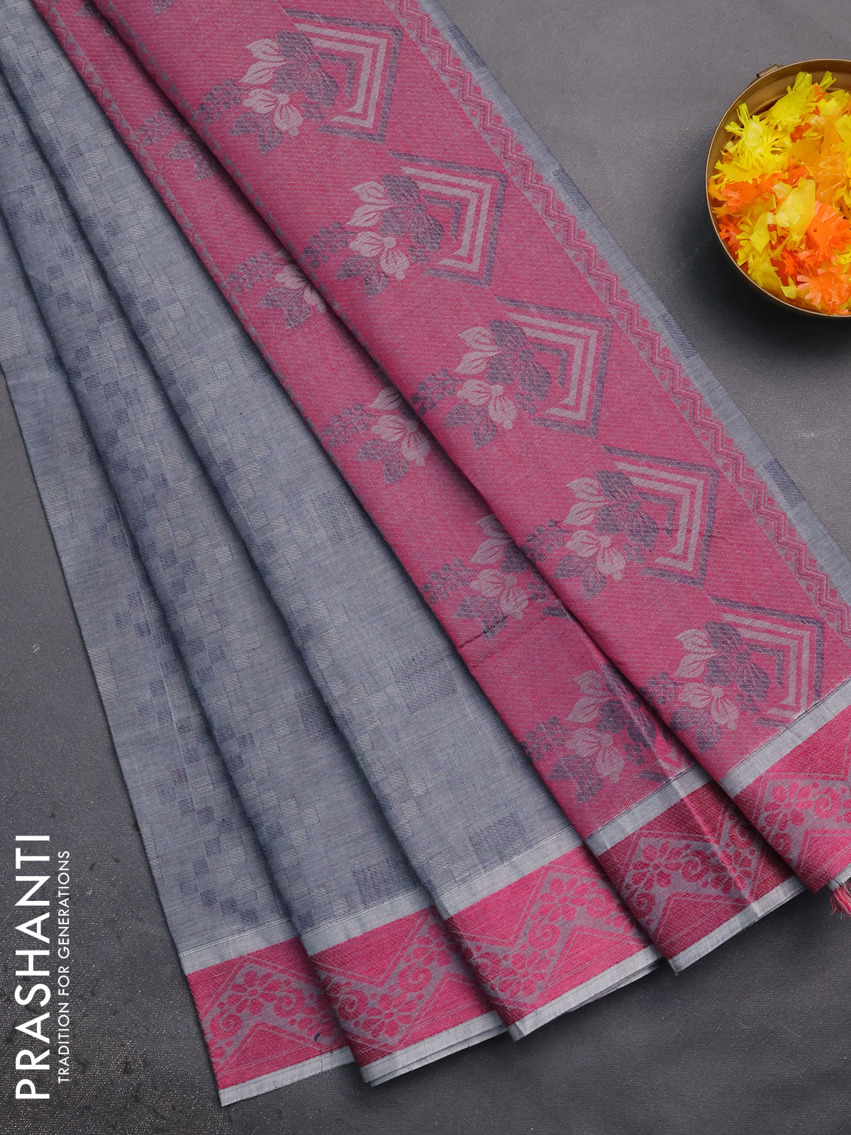 Coimbatore cotton saree grey and pink with allover self emboss and thread woven border