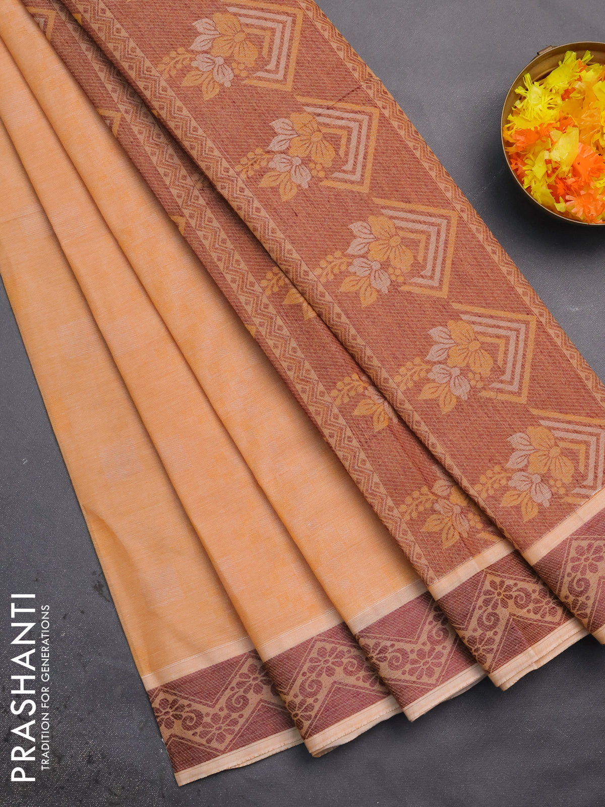 Coimbatore cotton saree pale orange and coffee brown with allover self emboss and thread woven border