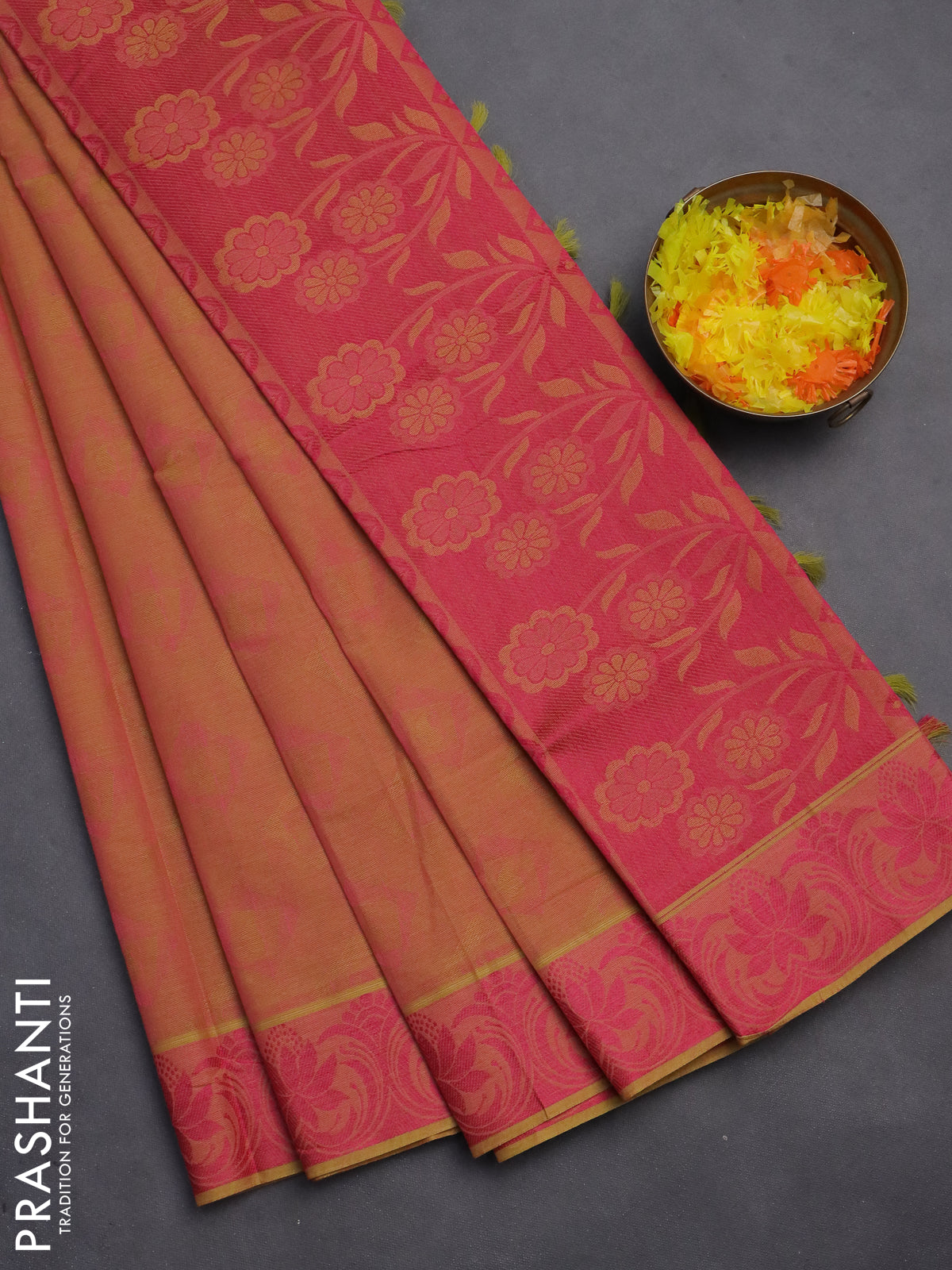 Coimbatore cotton saree dual shade of yellowish pink and pink with allover self emboss and thread woven border