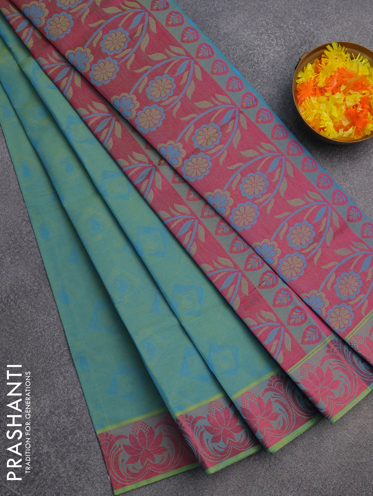 Coimbatore cotton saree dual shade of bluish green and pink with allover self emboss and thread woven border