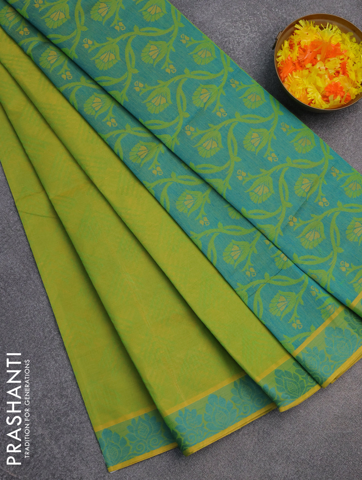 Coimbatore cotton saree light green and teal blue with allover self emboss and thread woven border