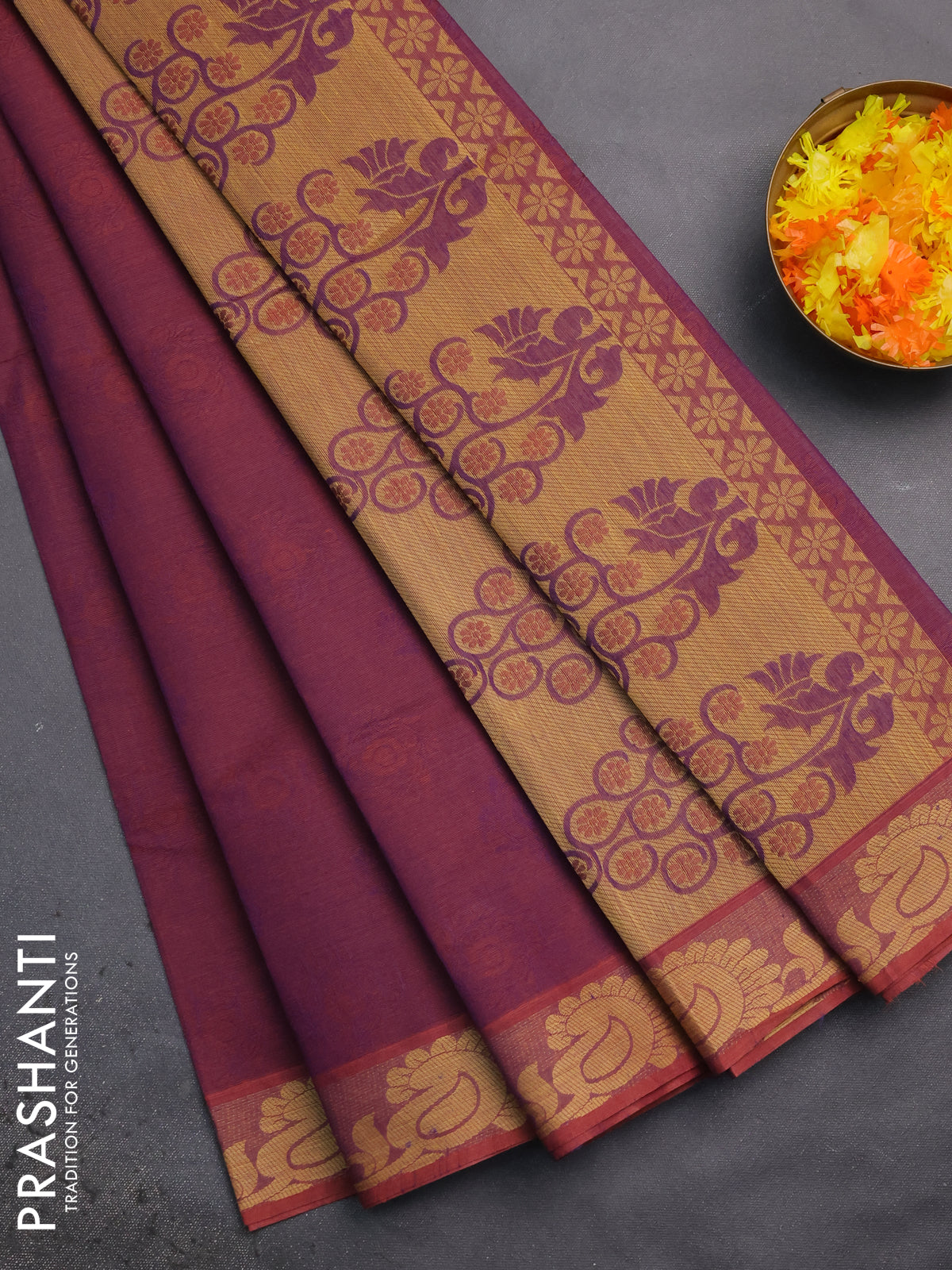 Coimbatore cotton saree dual shade of purple with allover self emboss and thread woven border