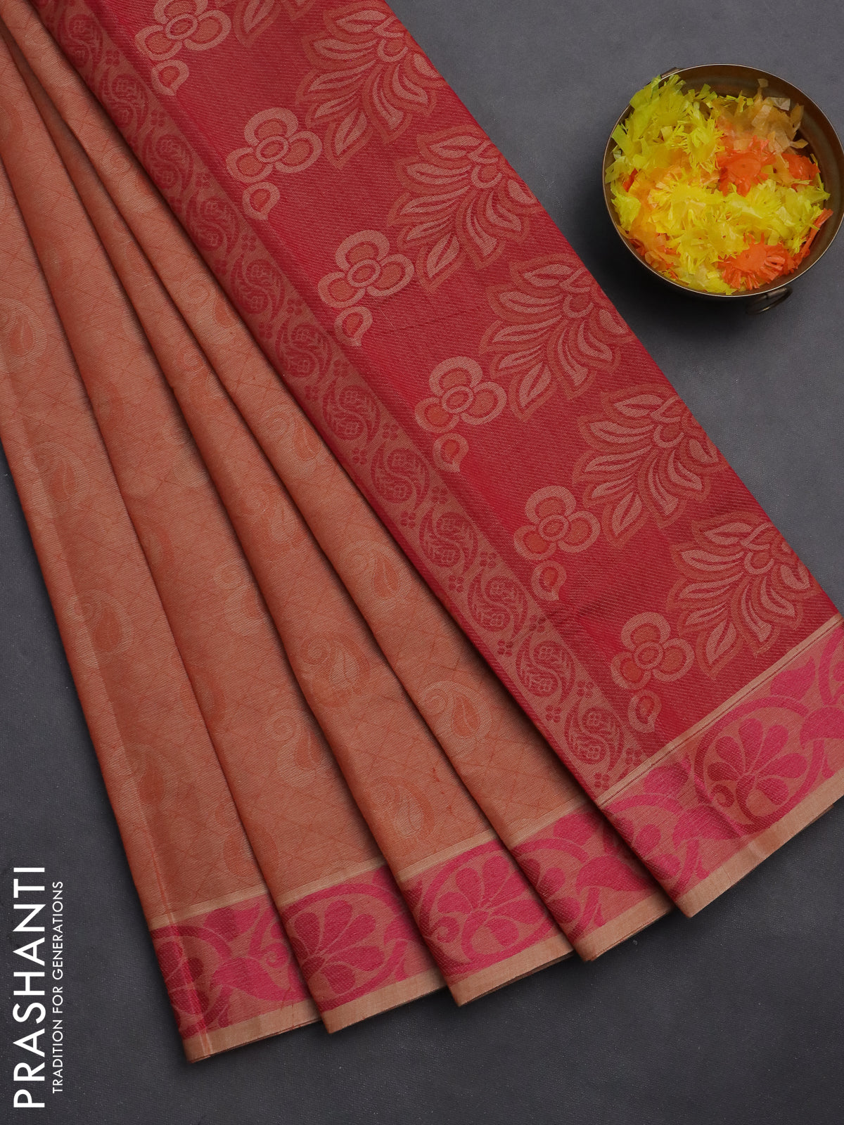 Coimbatore cotton saree rust shade and pink with allover self emboss and thread woven border