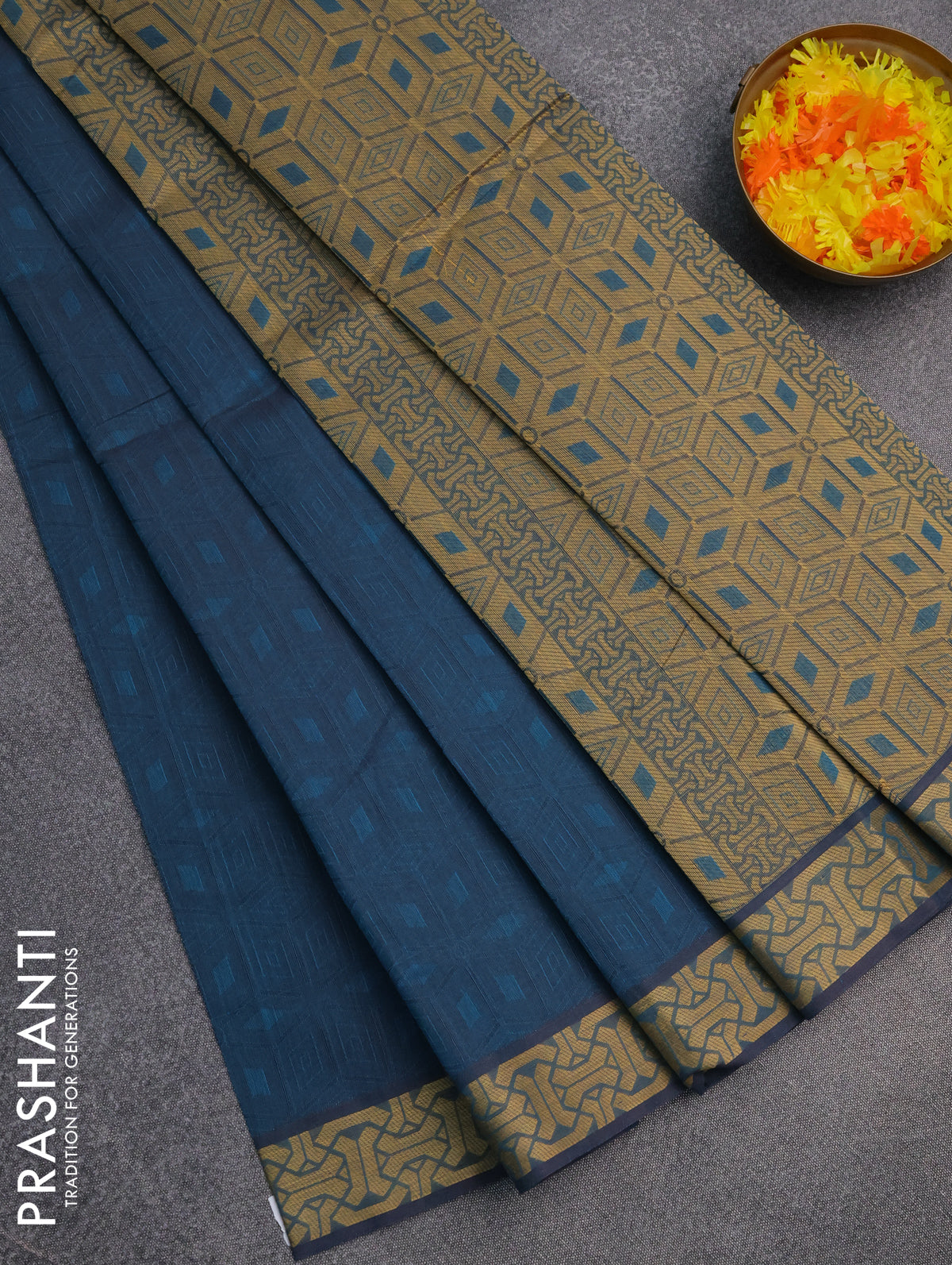 Coimbatore cotton saree peacock blue and sandal with allover self emboss and thread woven border