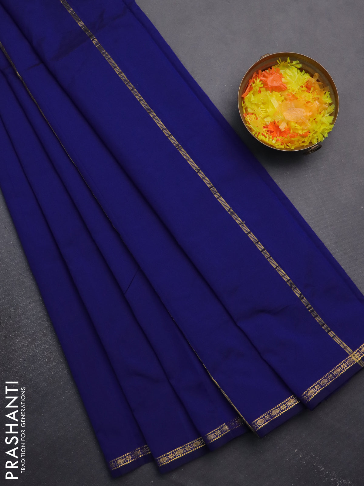 Arani semi silk saree blue with plain body and small zari woven border