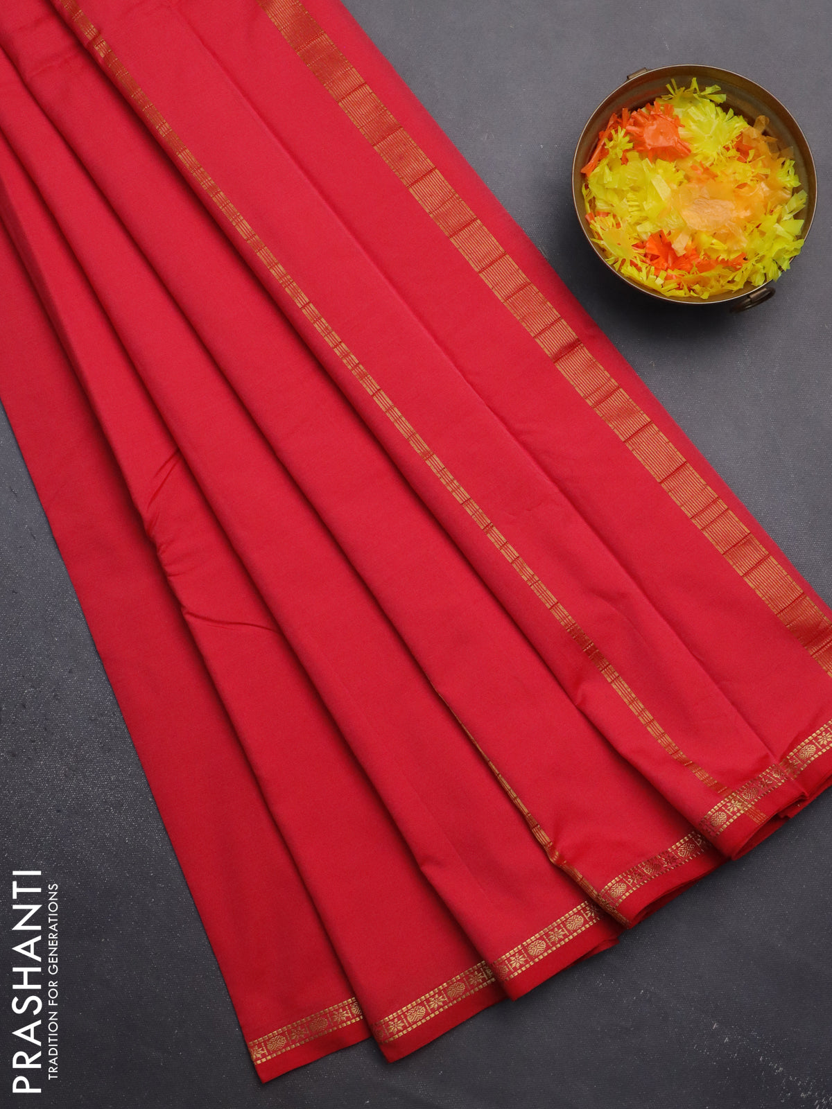 Arani semi silk saree red shade with plain body and small zari woven border