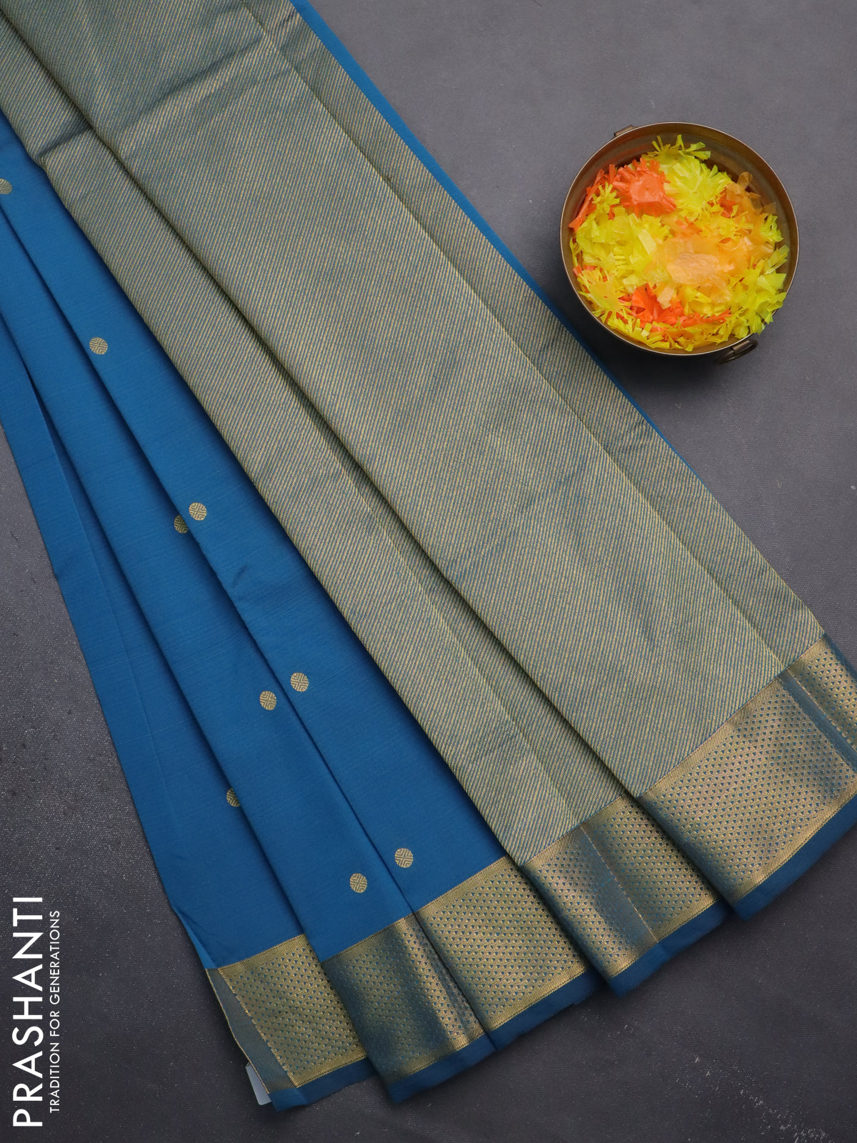 Arani semi silk saree peacock blue with zari woven buttas and zari woven border