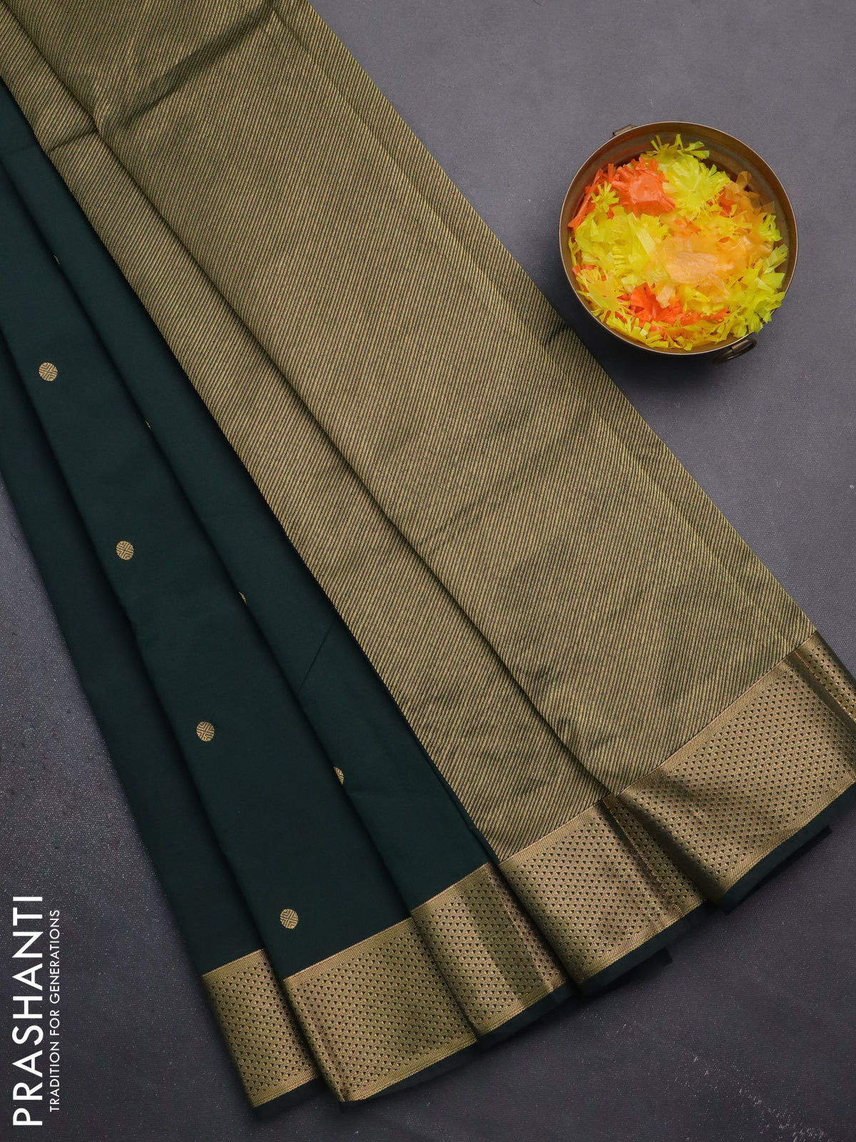 Arani semi silk saree bottle green with zari woven buttas and zari woven border