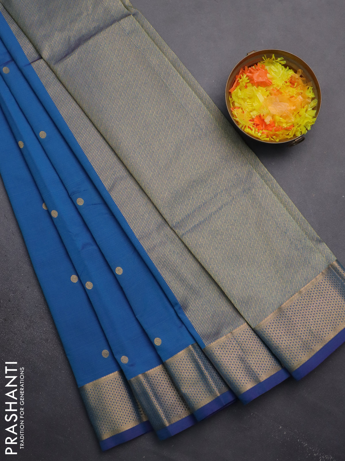 Arani semi silk saree dual shade of cs blue with zari woven buttas and zari woven border