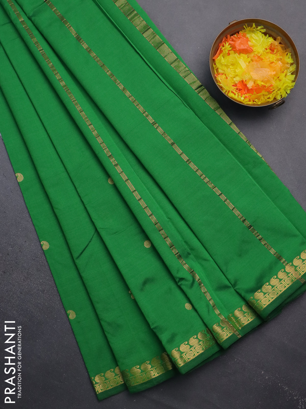 Arani semi silk saree green with rudhraksha & paisley zari woven buttas and zari woven border