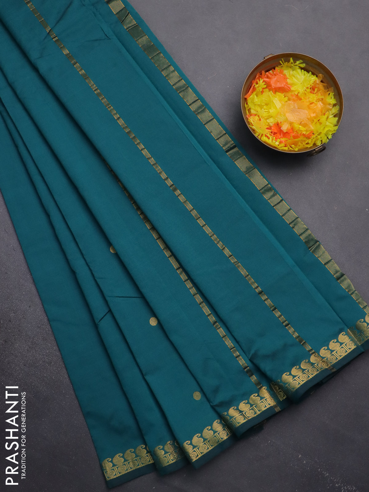 Arani semi silk saree peacock green with rudhraksha & paisley zari woven buttas and zari woven border
