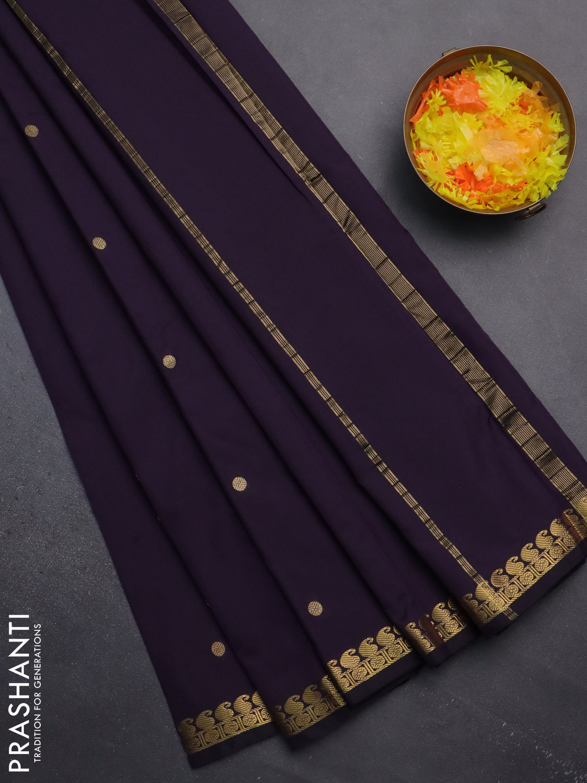 Arani semi silk saree deep purple with rudhraksha & paisley zari woven buttas and zari woven border