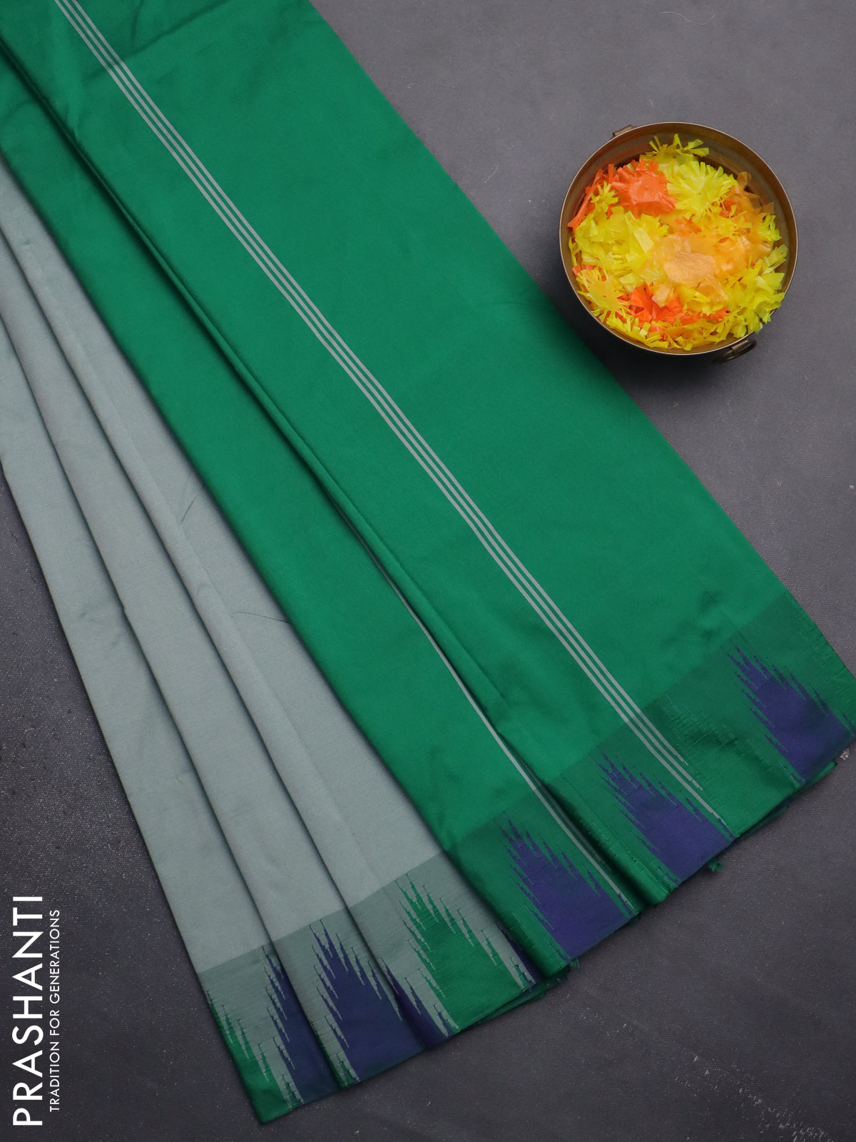Arani semi silk saree greyish green and green with plain body and temple design border