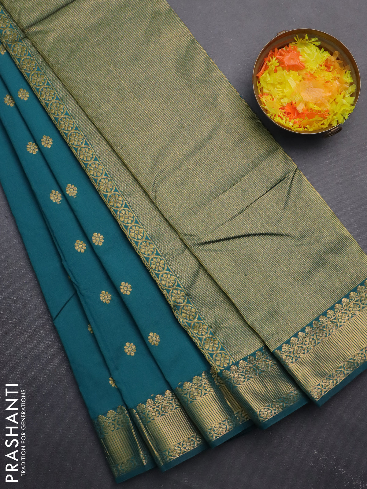 Arani semi silk saree peacock green with zari woven floral buttas and zari woven border