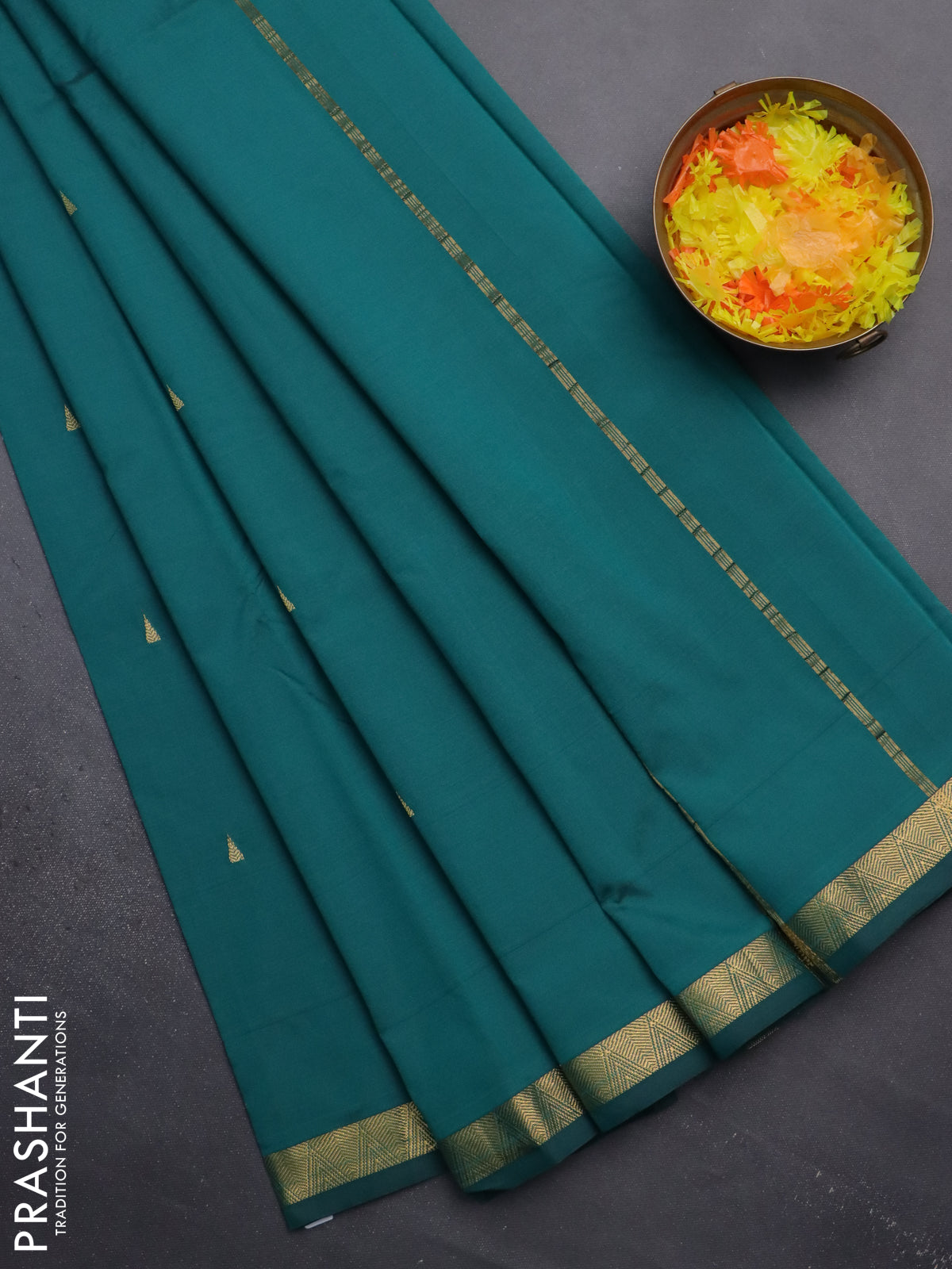 Arani semi silk saree peacock green with zari woven temple buttas and zari woven border
