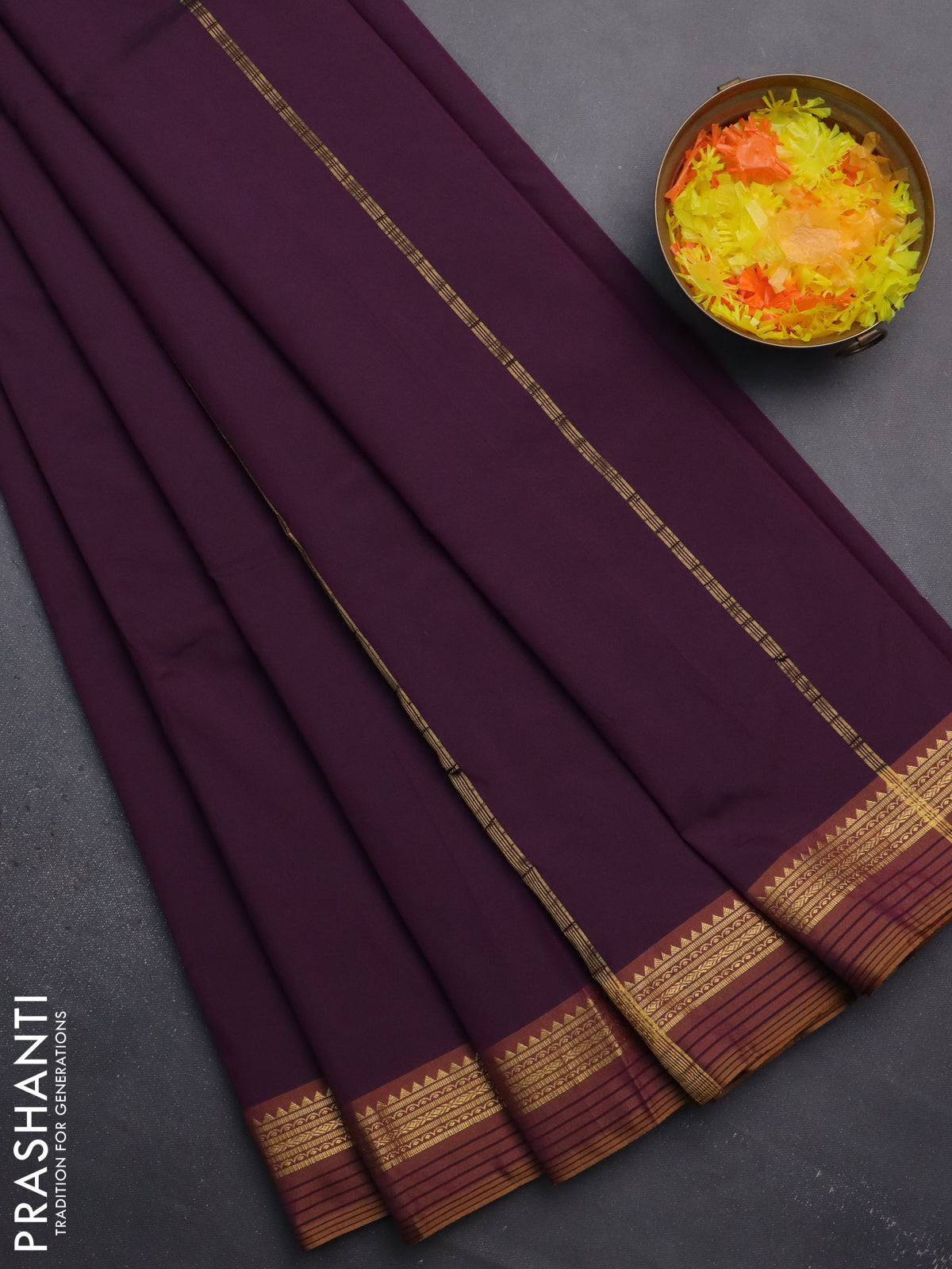 Arani semi silk saree deep purple and dark mustard with plain body and zari woven simple border