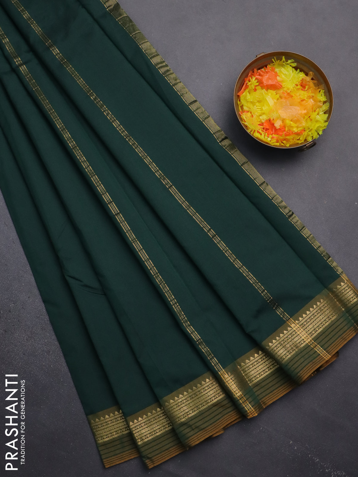 Arani semi silk saree peacock green and dual shade of yellow with plain body and zari woven simple border