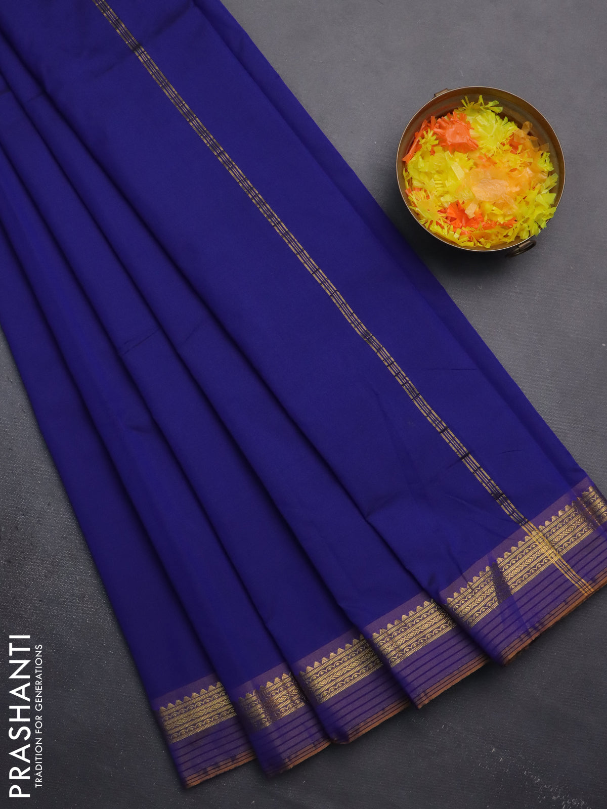 Arani semi silk saree blue and dark mustard with plain body and zari woven simple border