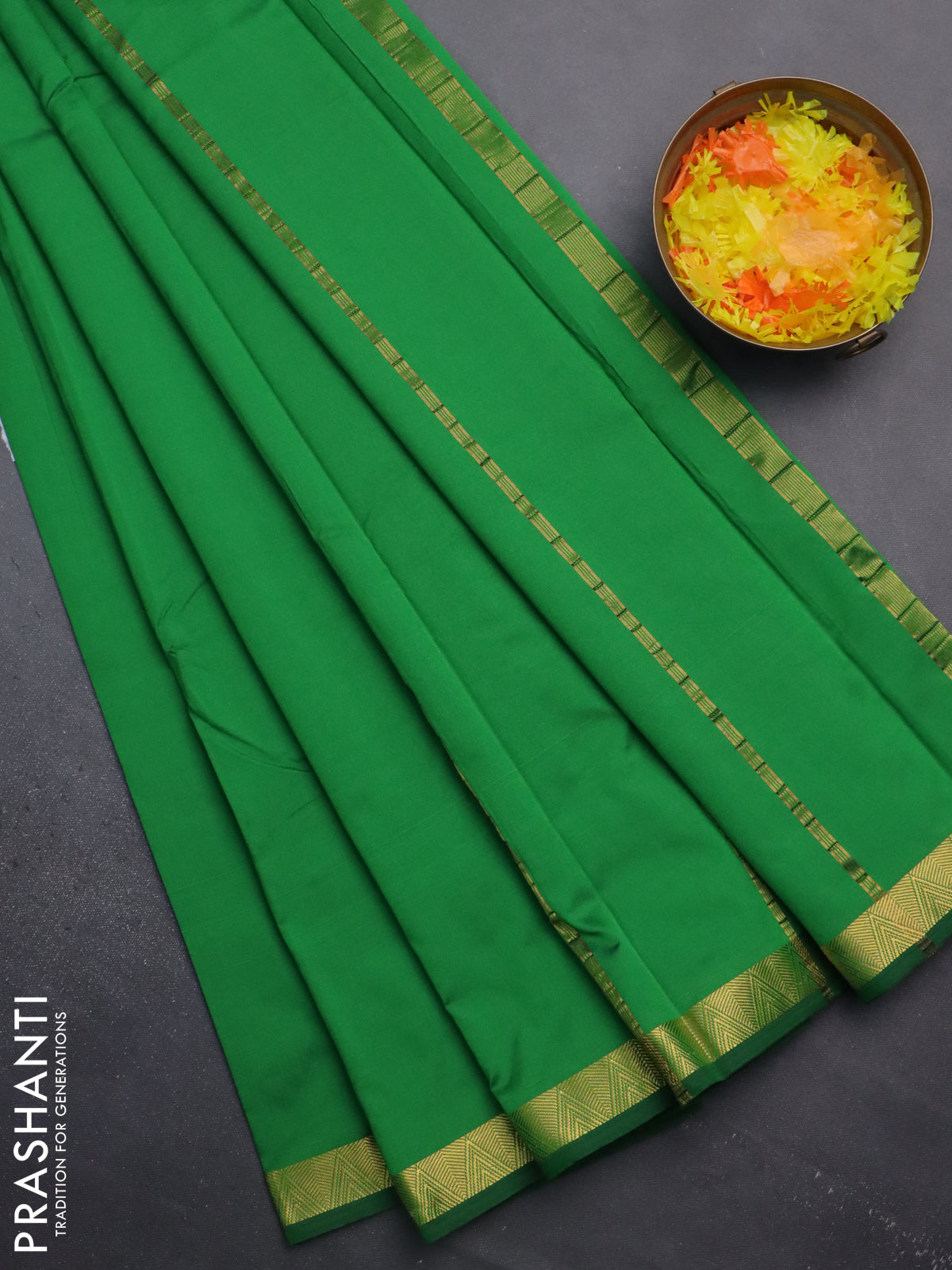 Arani semi silk saree green with plain body and zari woven border