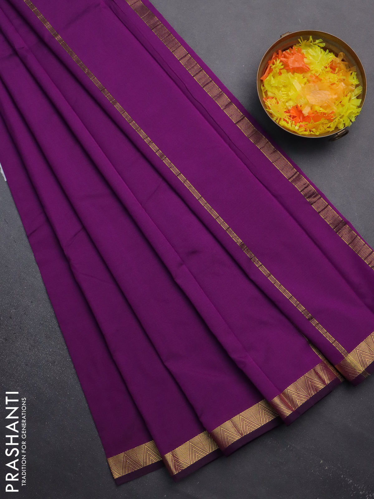 Arani semi silk saree purple with plain body and zari woven border