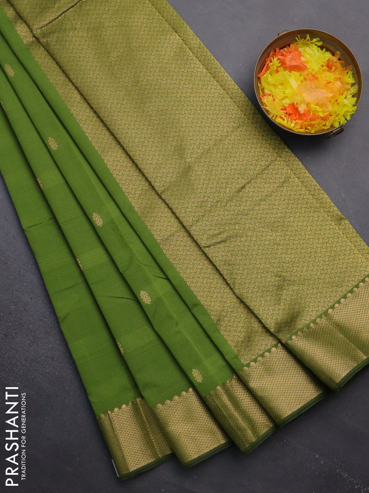 Arani semi silk saree sap green with zari woven buttas and zari woven border